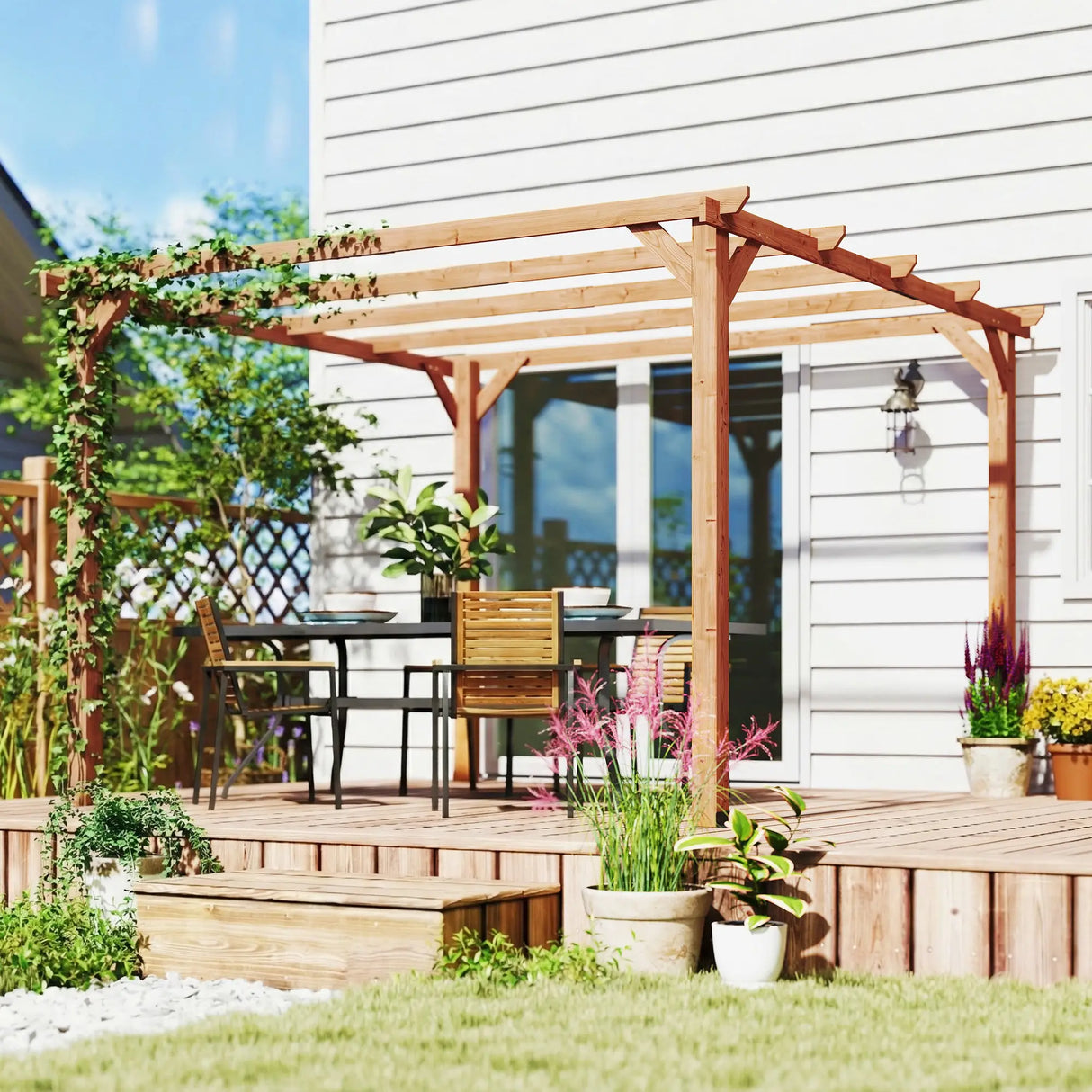 3x3m Wooden Pergola Kit with Triangle Supports – Garden Gazebo Grape Trellis Frame, 5-Beam Maple Wood-Effect Design