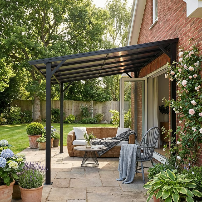 3m x 3m Metal Pergola – Dark Grey Waterproof Polycarbonate Roof UPF50+, Wall Mounted or Freestanding Garden Gazebo, Wind Resistant Sun Shelter