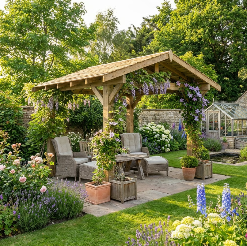 Wooden Apex Gazebo with Cedar Featheredge Roof – With Overhang Design