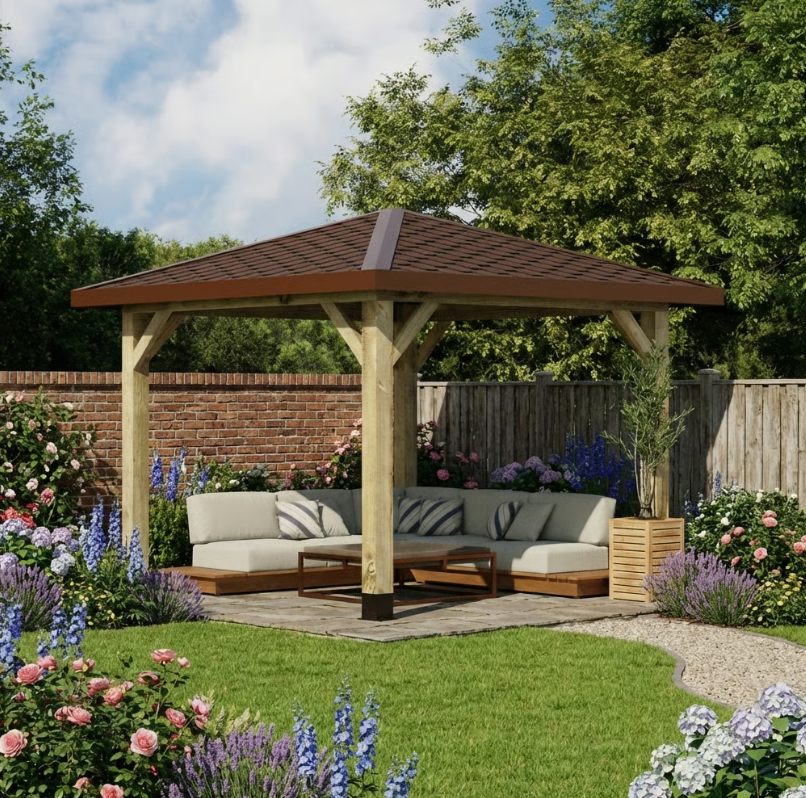 Wooden 4 Pitch Gazebo with Katepal Brown Shingle Roof - High Quality Weatherproof Garden Gazebo