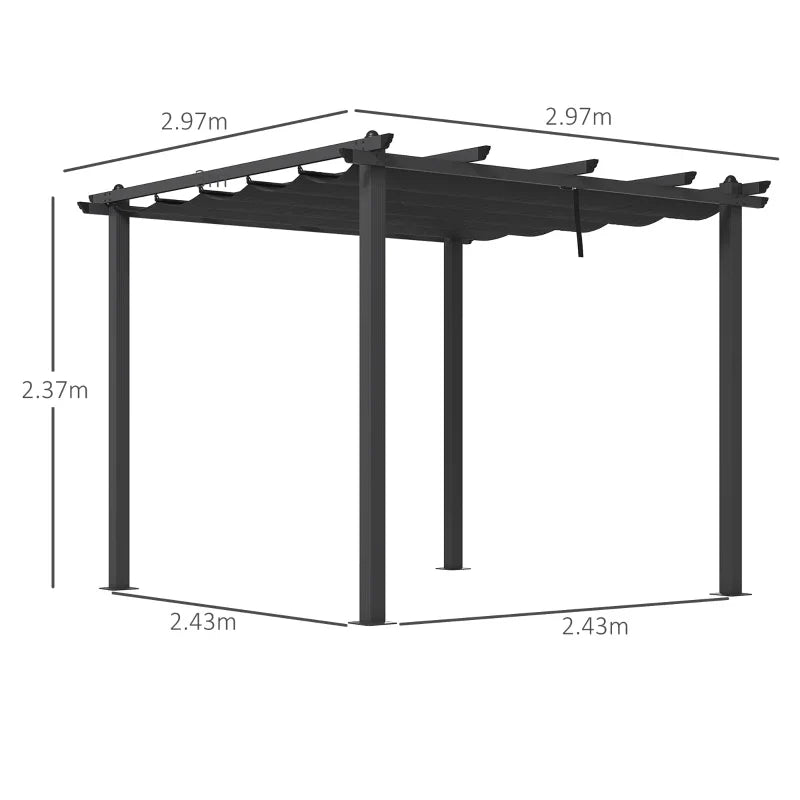 3m x 3m Aluminium Pergola – Dark Grey Retractable PU Canopy Roof with Drainage Grommets, Outdoor Patio Shade Shelter