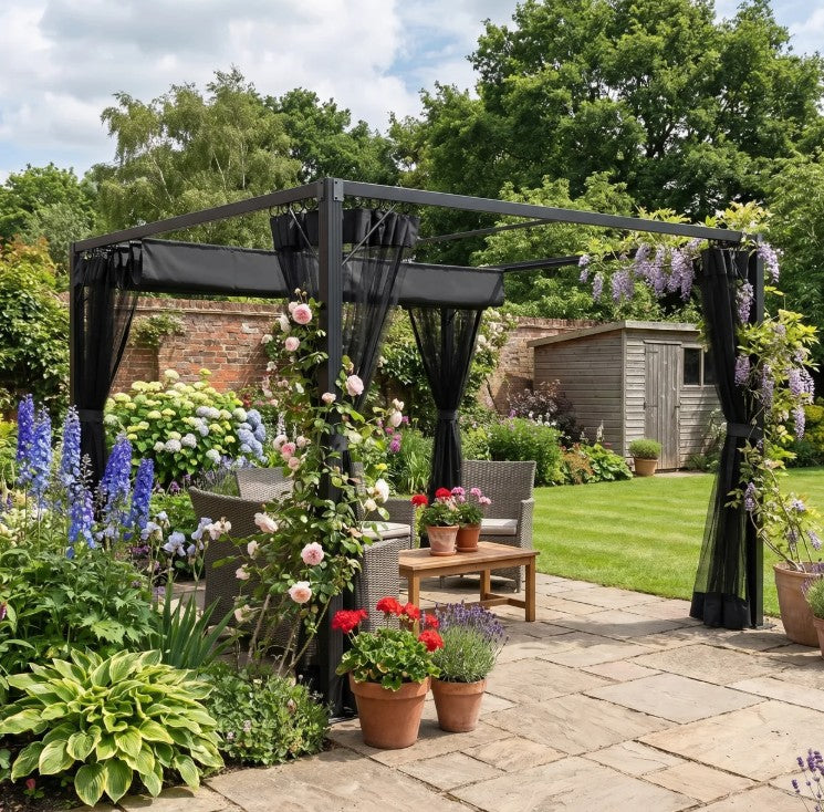 3m x 3m Aluminium Pergola – Dark Grey Retractable Canopy Roof with Mesh Curtains, Outdoor Patio Garden Shelter + Ground Fixings
