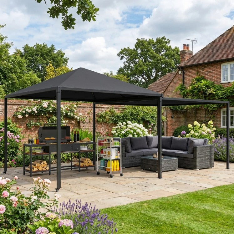 3m x 3m Extendable Metal Hardtop Gazebo with Wheels – Mobile Outdoor Patio Shelter, UV Resistant Roof UPF30+