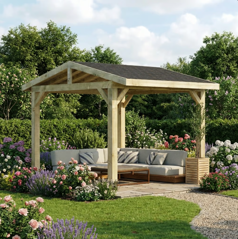 Wooden Apex Gazebo with Katepal Black Shingle Roof - Modern Weatherproof Garden Gazebo (No Overhang)