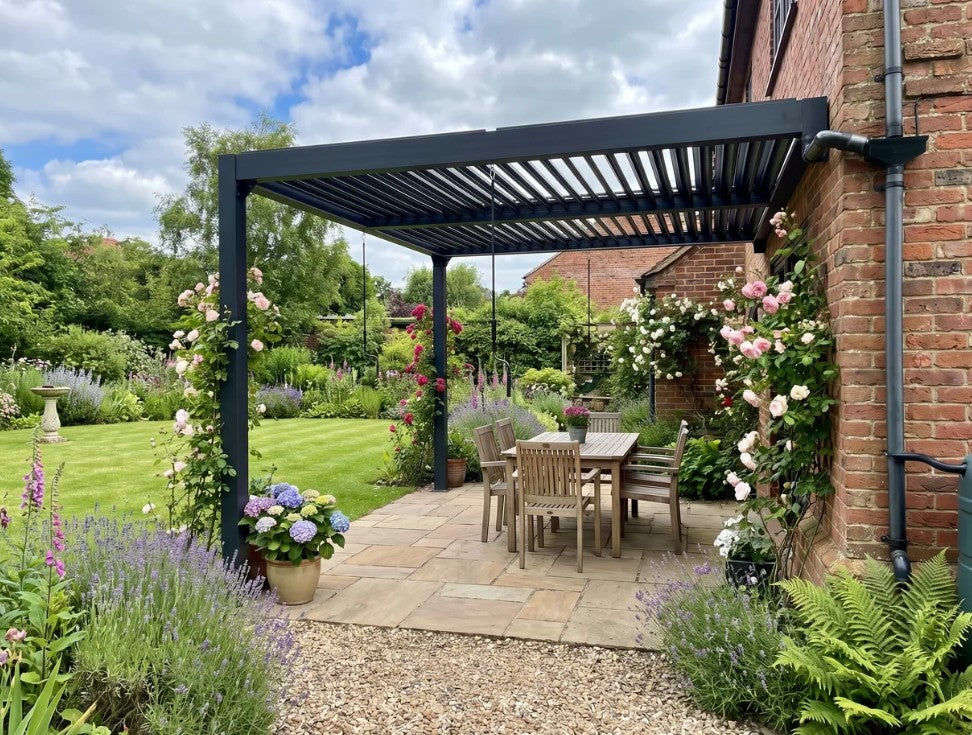 3x3m Wall Mounted Louvered Pergola with LED Lights, Aluminium Frame & Adjustable Metal Roof – Dark Grey Patio Gazebo