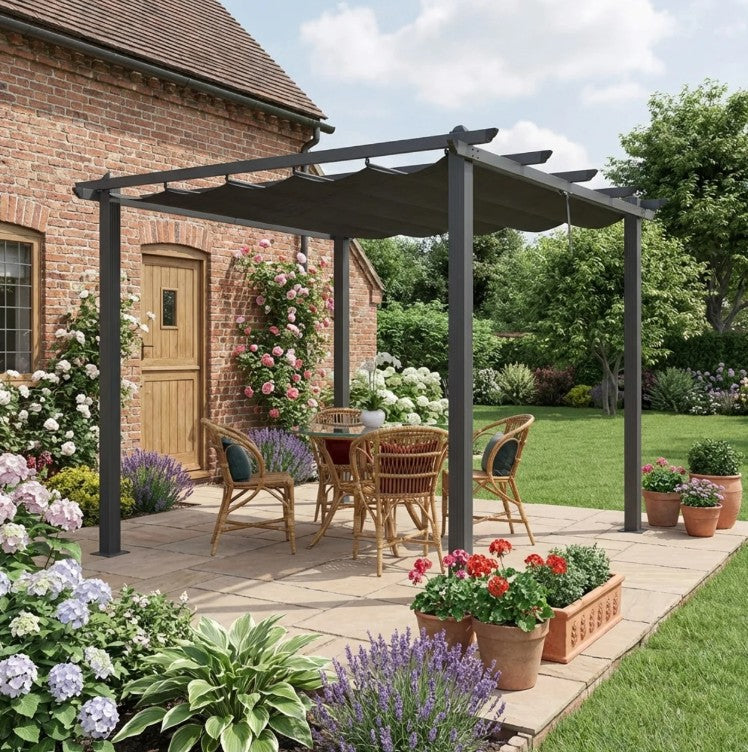 3m x 3m Aluminium Pergola – Dark Grey Retractable PU Canopy Roof with Drainage Grommets, Outdoor Patio Shade Shelter