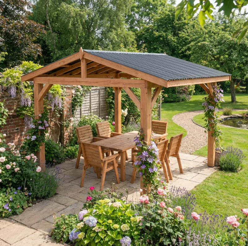 Rough Sawn Larch Garden Gazebo with Corrugated Metal Featheredge Roof – Apex No Overhang