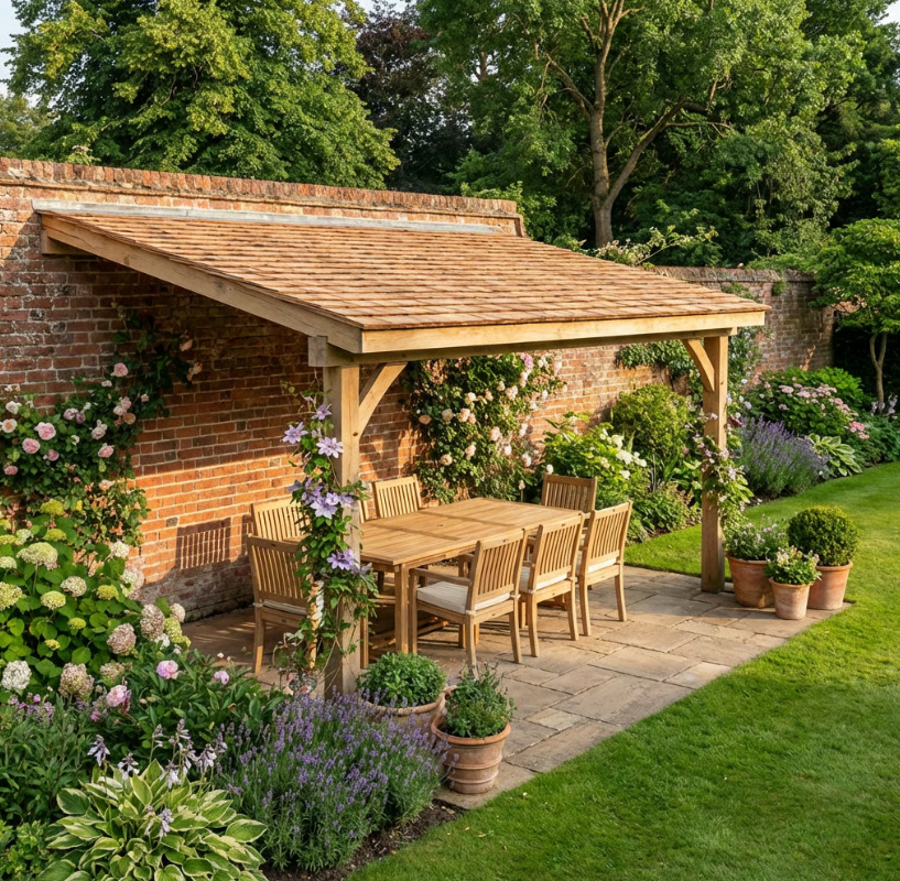 Oak Lean-To Gazebo with Cedar Shingle Roof