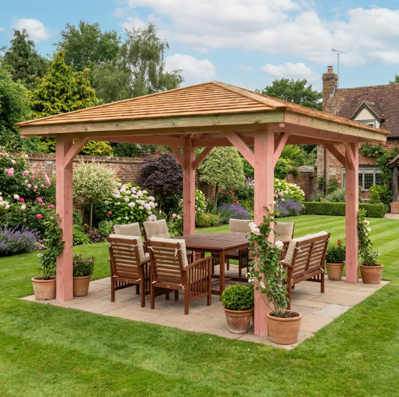Planed Larch 4-Pitch Gazebo with Cedar Featheredge Roof
