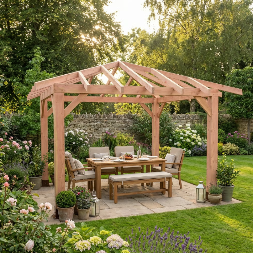 Planed Larch 4 Pitch Pergola with Open Roof β Contemporary Garden Structure