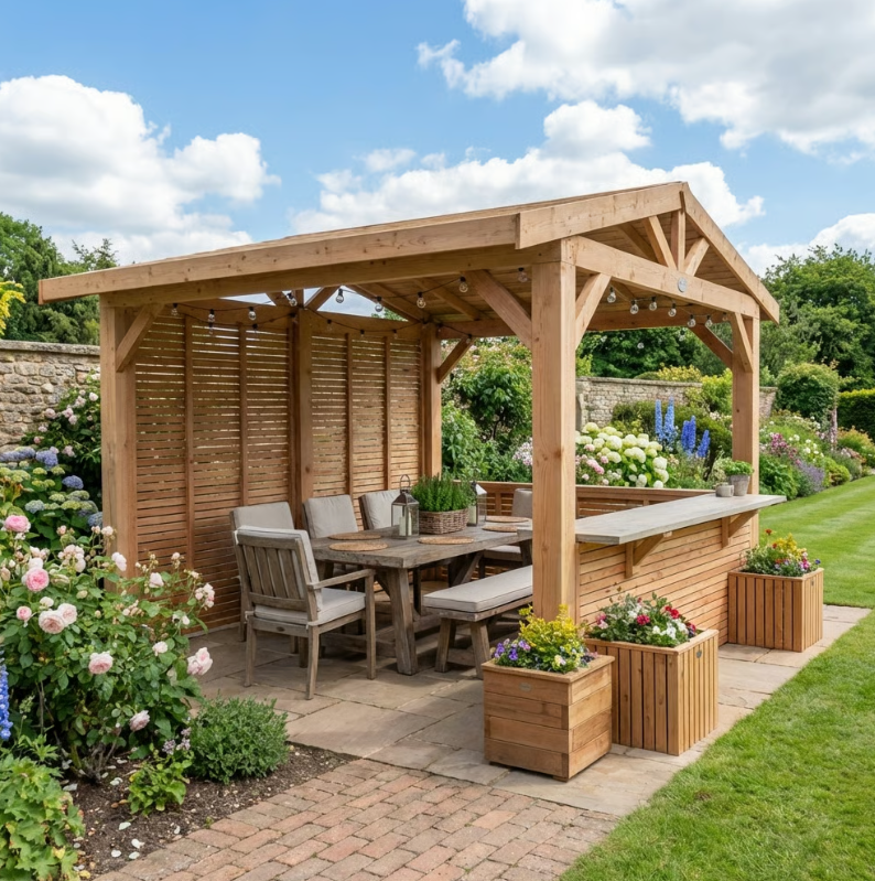 Planed Larch Apex Pergola with Cedar Featheredge Roof – With Overhang Design