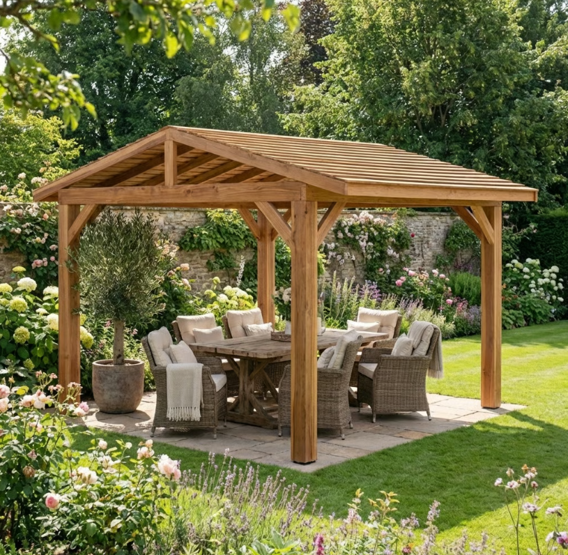 Planed Cedar Pergola with Cedar Featheredge Roof – No Overhang Design