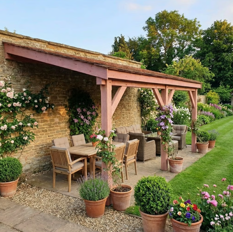 Planed Larch Lean-To Gazebo with Treated Featheredge Roof – Wall-Mounted Garden Shelter