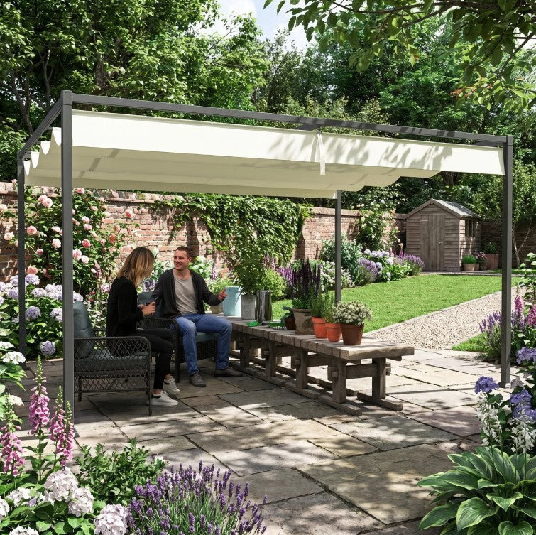 4m x 3m Metal Garden Pergola with Retractable Roof Canopy – Outdoor Gazebo Shelter for Patio & Garden, Adjustable Sun Shade, Cream White