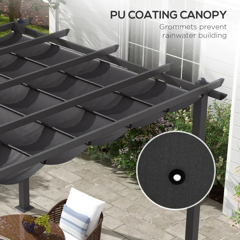 3m x 3m Aluminium Pergola – Dark Grey Retractable PU Canopy Roof with Drainage Grommets, Outdoor Patio Shade Shelter