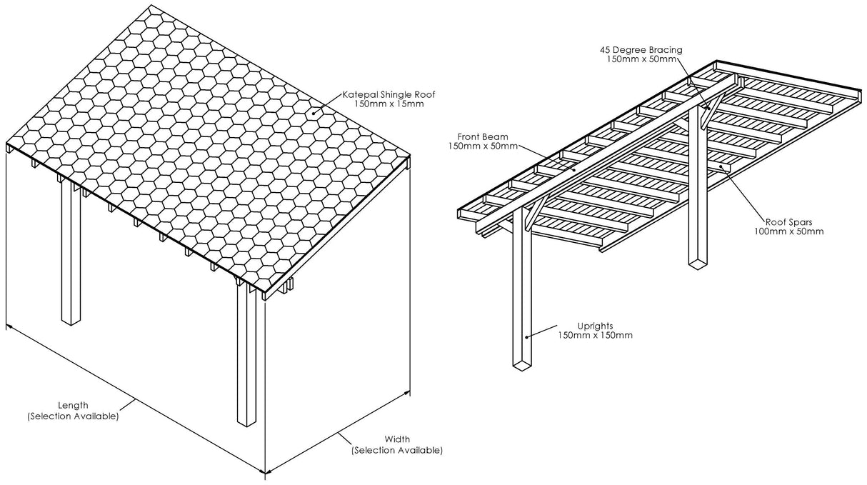 Planed Larch Lean-To Gazebo with Katepal Grey Shingle Roof