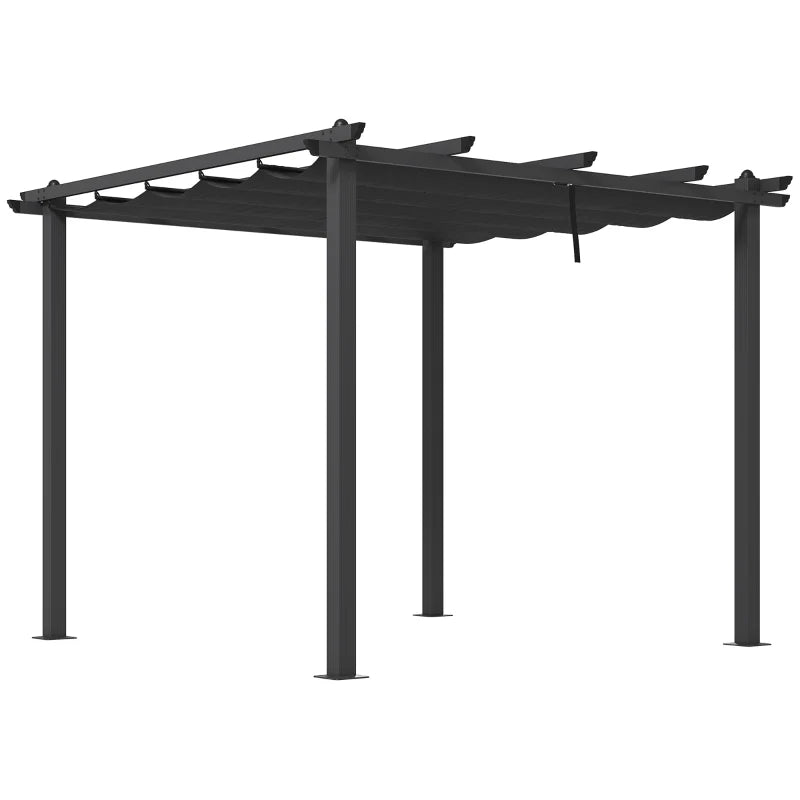 3m x 3m Aluminium Pergola – Dark Grey Retractable PU Canopy Roof with Drainage Grommets, Outdoor Patio Shade Shelter