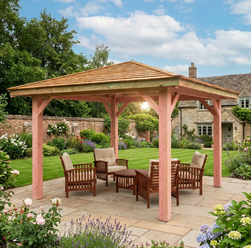 Planed Larch 4-Pitch Gazebo with Cedar Featheredge Roof