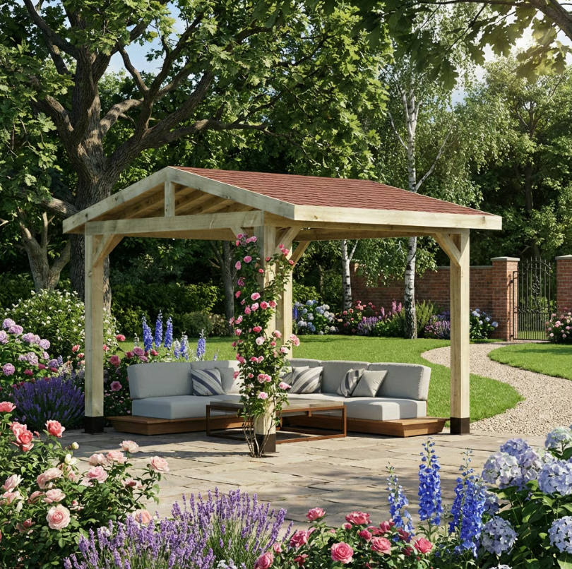 Wooden Apex Gazebo with Katepal Red Shingle Roof - Classic Garden Gazebo (No Overhang)
