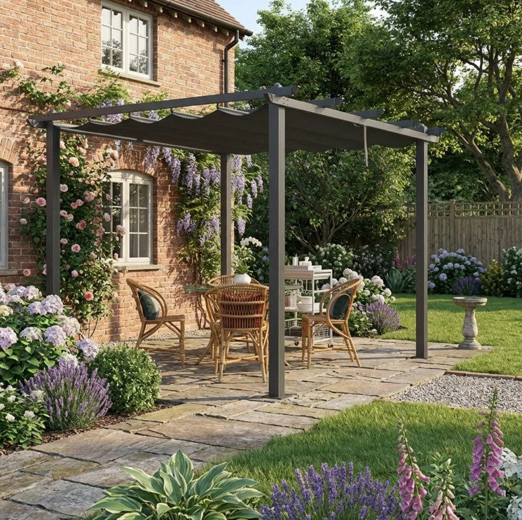 3m x 3m Aluminium Pergola – Dark Grey Retractable PU Canopy Roof with Drainage Grommets, Outdoor Patio Shade Shelter