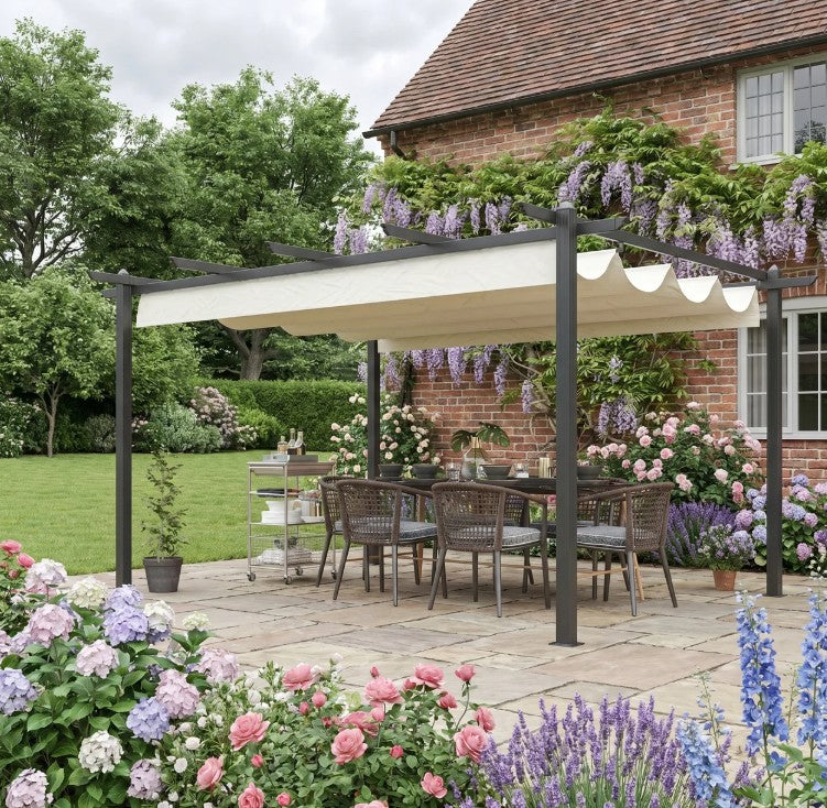 4m x 3m Metal Pergola – Dark Grey Frame with Beige Canopy Roof