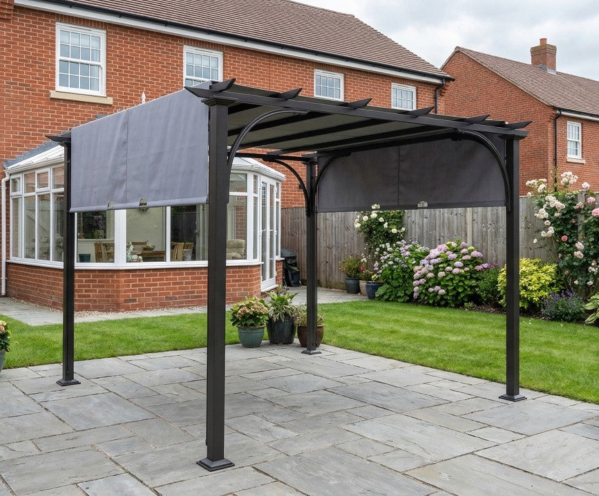 3m x 3m Metal Pergola With Side Panels and Adjustable Roof – Grey Frame Garden Shade Shelter