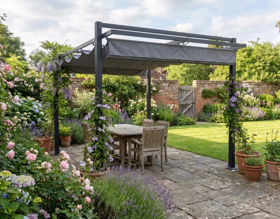 3m x 3m Retractable Roof Aluminium Pergola – Dark Grey Patio Gazebo Shelter with Drainage Grommets, Ground Fixings & Outdoor Shade Canopy