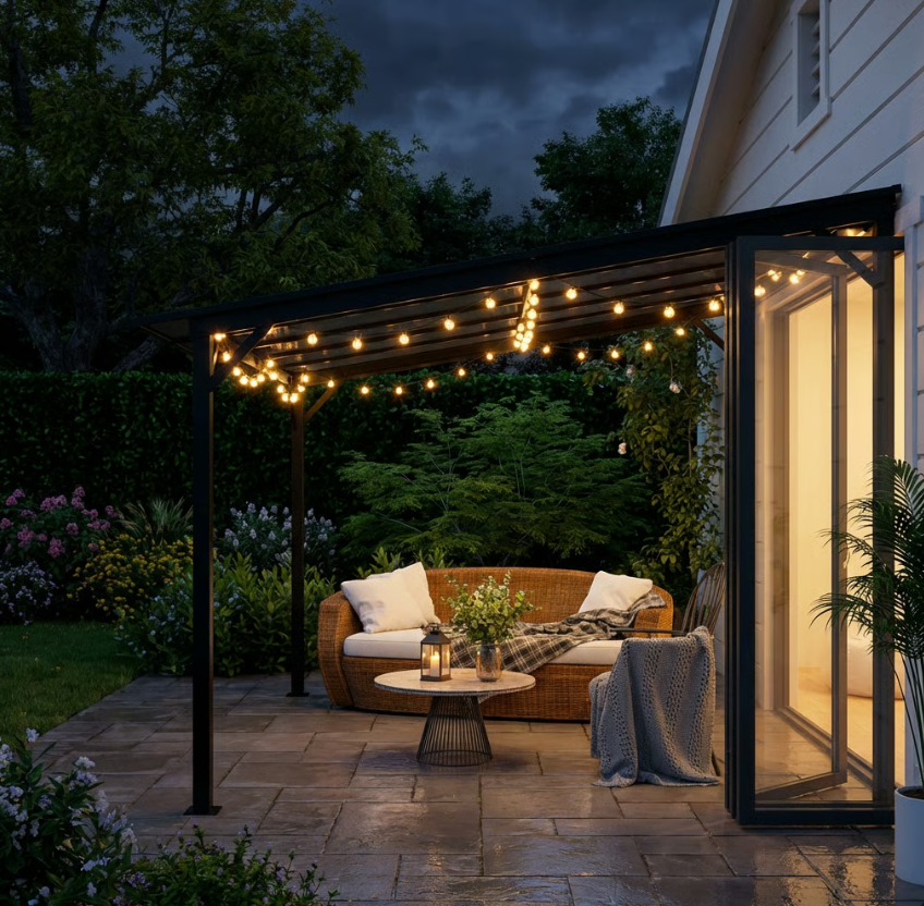 3m x 3m Metal Pergola – Dark Grey Waterproof Polycarbonate Roof UPF50+, Wall Mounted or Freestanding Garden Gazebo, Wind Resistant Sun Shelter