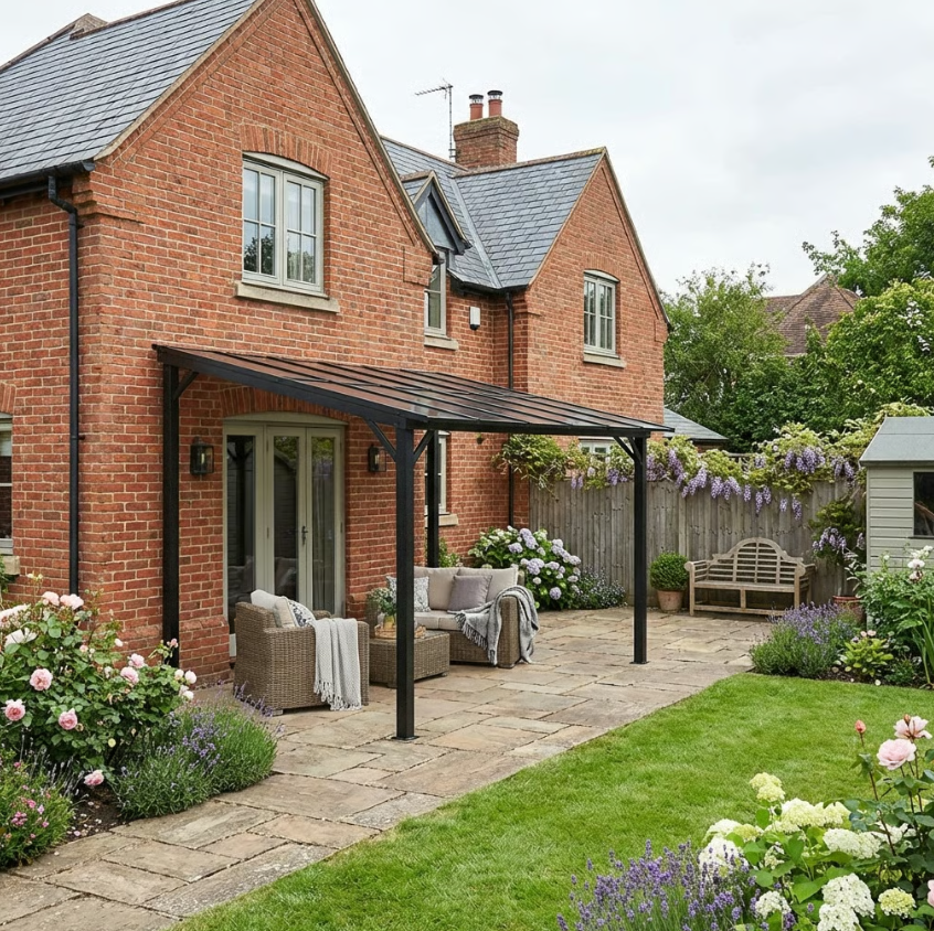 3m x 3m Metal Pergola – Dark Grey Waterproof Polycarbonate Roof UPF50+, Wall Mounted or Freestanding Garden Gazebo, Wind Resistant Sun Shelter