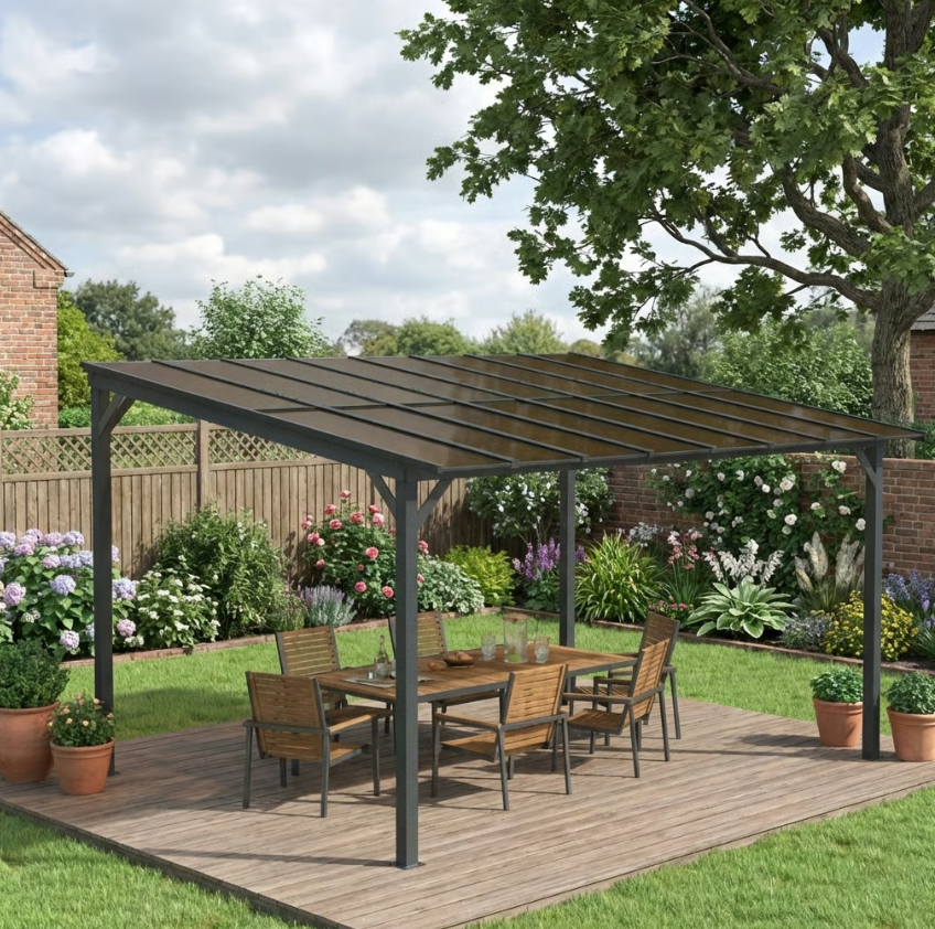 3m x 4.3m Metal Pergola – Waterproof Polycarbonate Roof UPF50+, Outdoor Patio Garden Shade Shelter