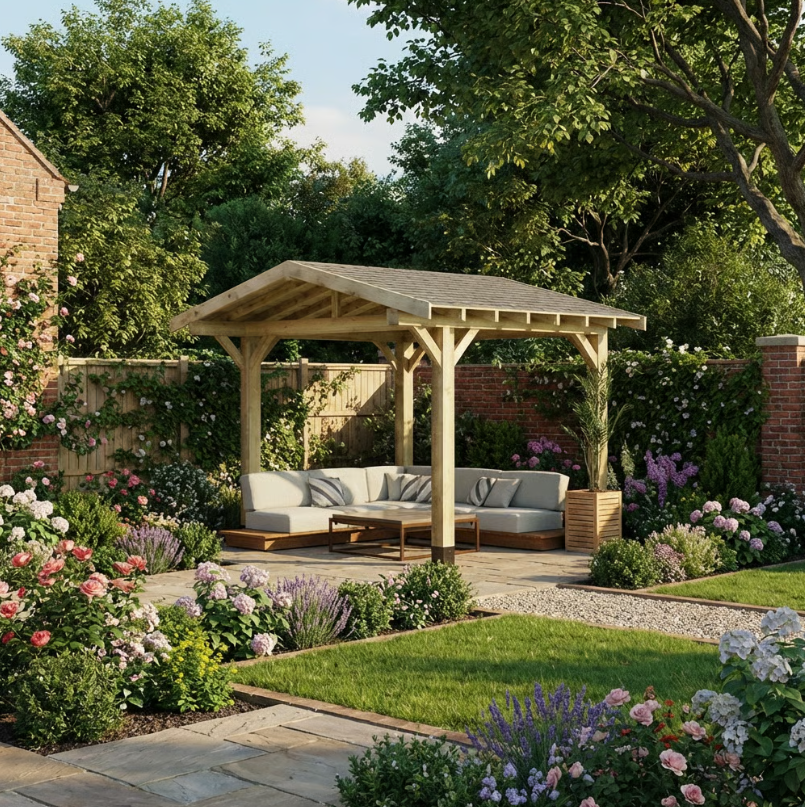 Wooden Apex Gazebo with Katepal Grey Shingle Roof & Overhang - Premium Garden Gazebo