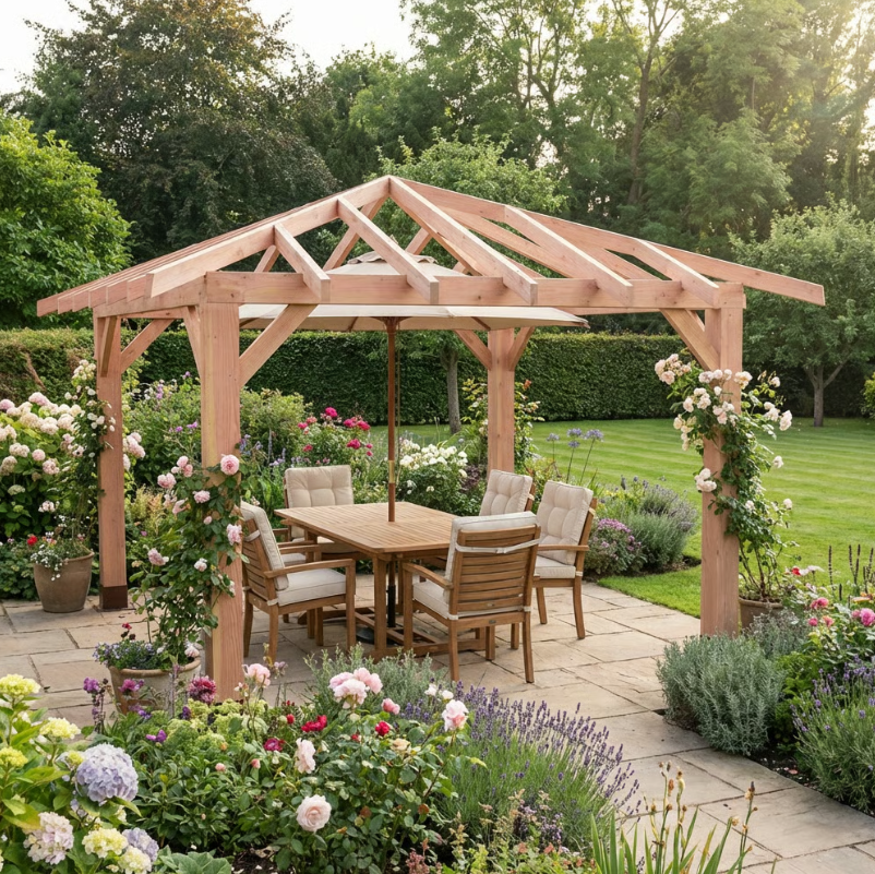 Planed Larch 4 Pitch Pergola with Open Roof β Contemporary Garden Structure