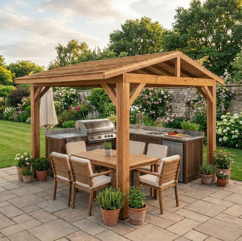 Planed Cedar Pergola with Cedar Featheredge Roof – No Overhang Design