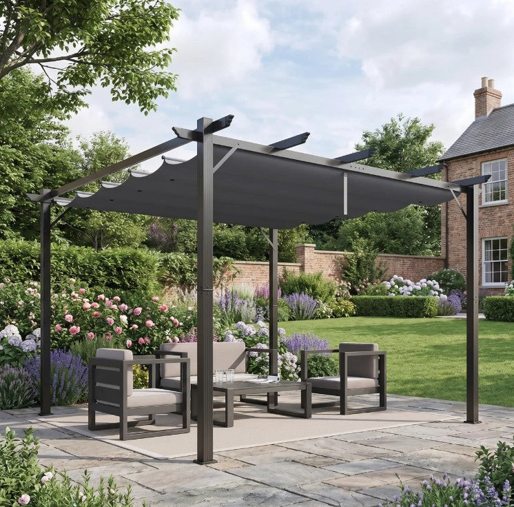 3m x 3m Aluminium Gazebo – Grey Retractable Canopy Roof, Outdoor Patio Shade Shelter