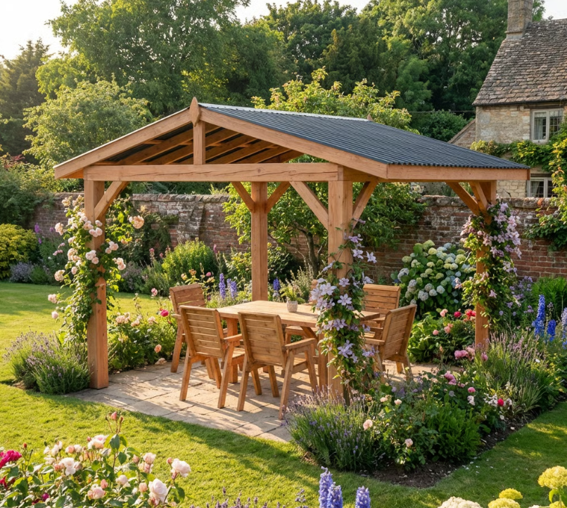 Rough Sawn Larch Garden Gazebo with Corrugated Metal Featheredge Roof – Apex No Overhang