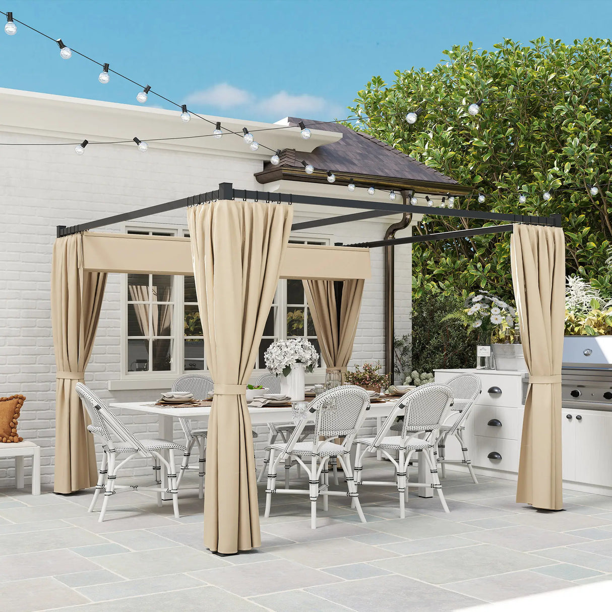 3m x 3m Retractable Metal Pergola Gazebo with Curtains – Outdoor Patio & Deck Shelter, Adjustable Canopy Shade for BBQ & Grill Area, Beige