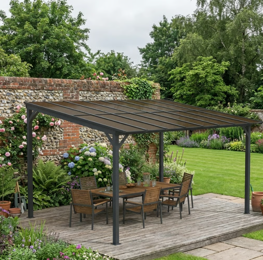 3m x 4.3m Metal Pergola – Waterproof Polycarbonate Roof UPF50+, Outdoor Patio Garden Shade Shelter