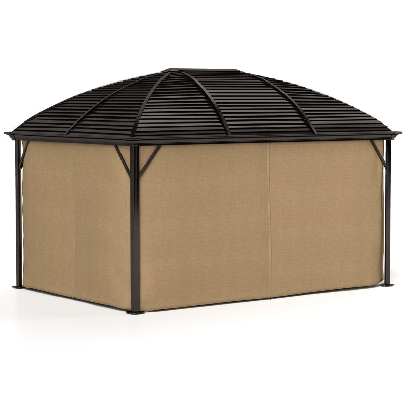 3 x 4m Hardtop Gazebo Canopy - Brown Aluminium Pavilion with Metal Roof, Netting & Curtains