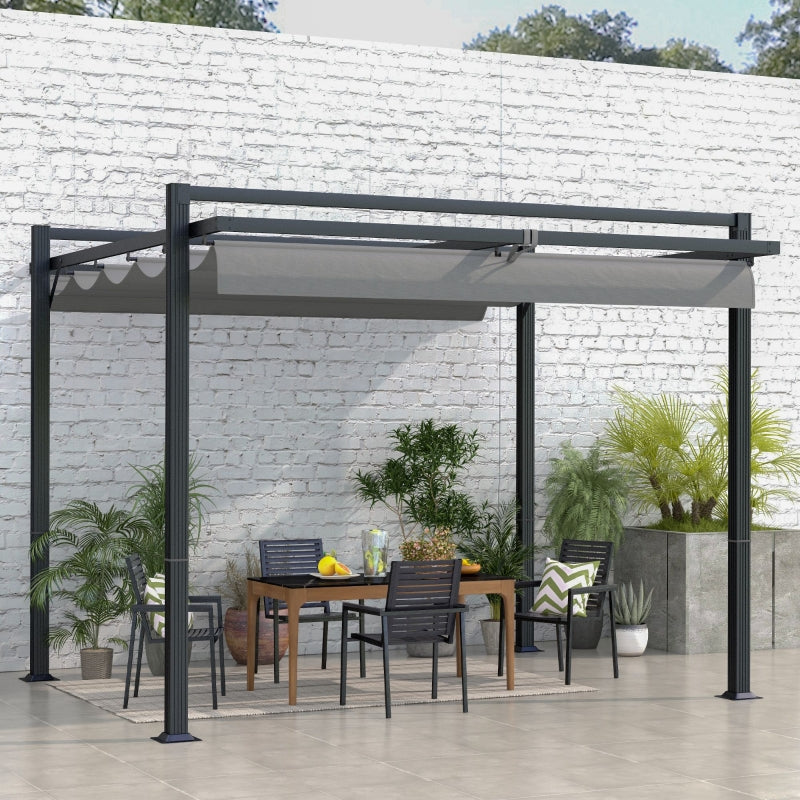3m x 3m Retractable Roof Aluminium Pergola – Dark Grey Patio Gazebo Shelter with Drainage Grommets, Ground Fixings & Outdoor Shade Canopy