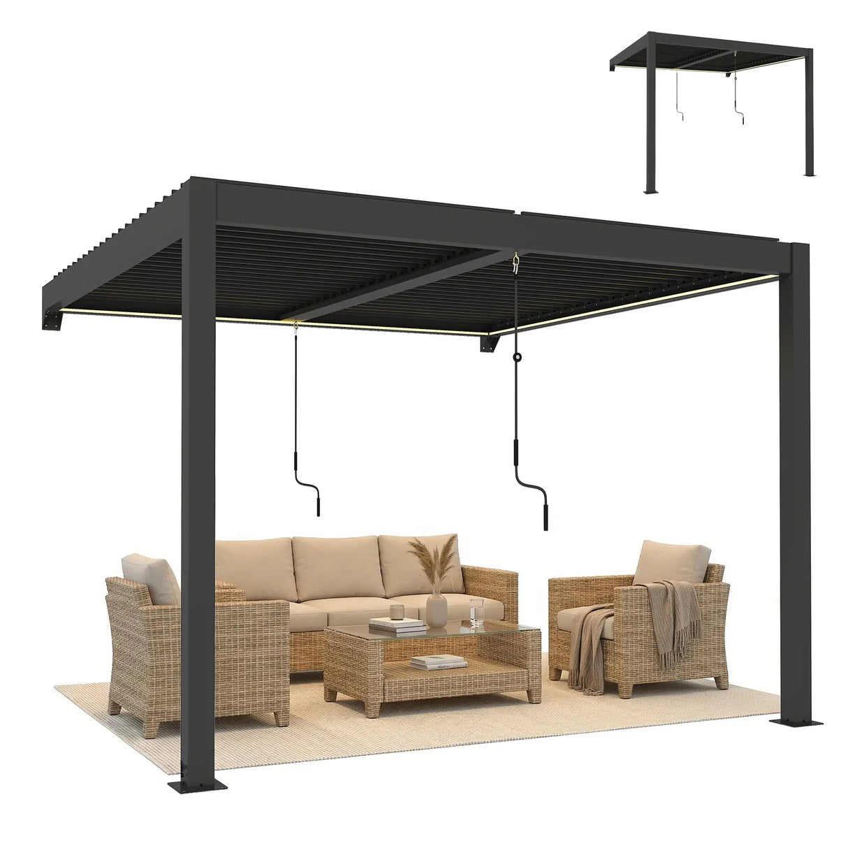 3x3m Wall Mounted Louvered Pergola with LED Lights, Aluminium Frame & Adjustable Metal Roof – Dark Grey Patio Gazebo