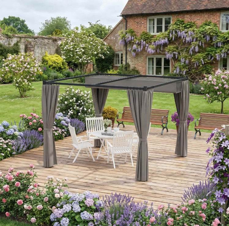 3m x 3m Pergola Canopy with Grey Curtains – Includes 8 Expansion Screws, Outdoor Patio Shade Shelter