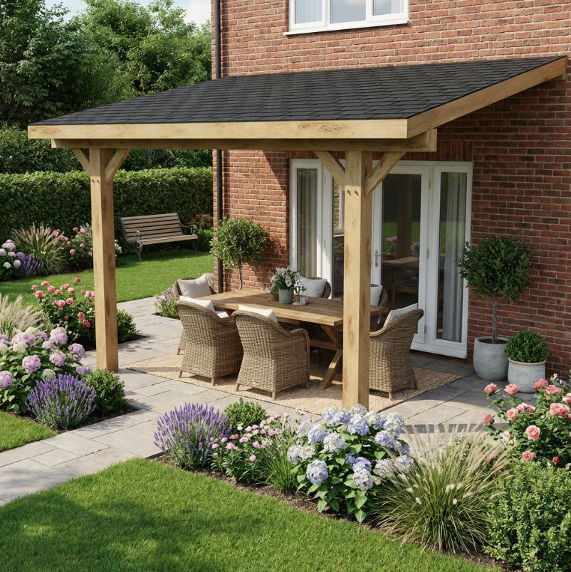 Oak Lean-To Gazebo with Katepal Black Shingle Roof