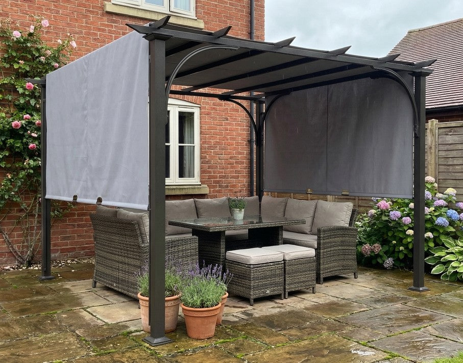 3m x 3m Metal Pergola With Side Panels and Adjustable Roof – Grey Frame Garden Shade Shelter