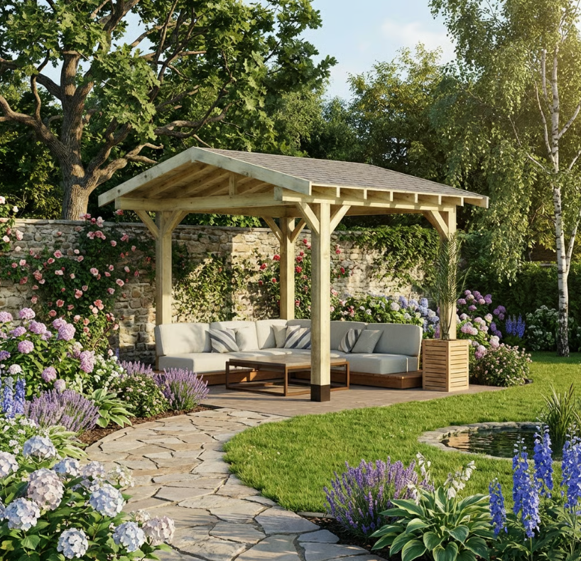 Wooden Apex Gazebo with Katepal Grey Shingle Roof & Overhang - Premium Garden Gazebo