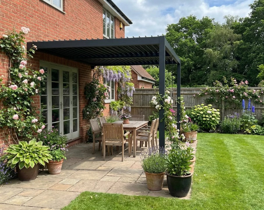 3x3m Wall Mounted Louvered Pergola with LED Lights, Aluminium Frame & Adjustable Metal Roof – Dark Grey Patio Gazebo