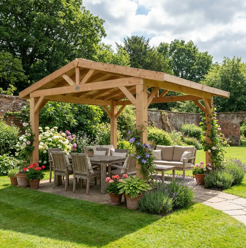 Planed Larch Apex Pergola with Cedar Featheredge Roof – With Overhang Design