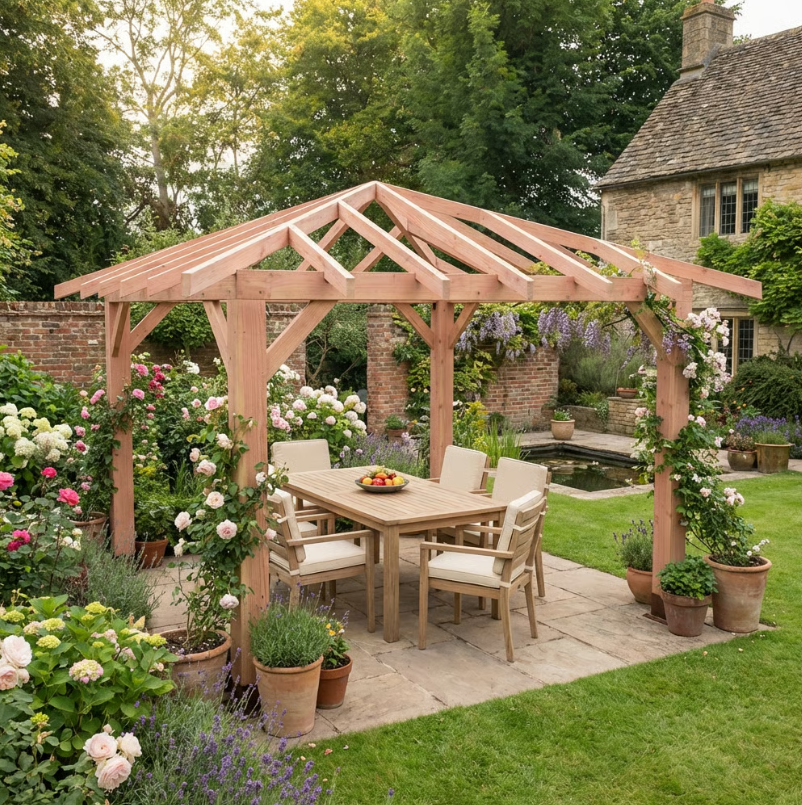 Planed Larch 4 Pitch Pergola with Open Roof β Contemporary Garden Structure