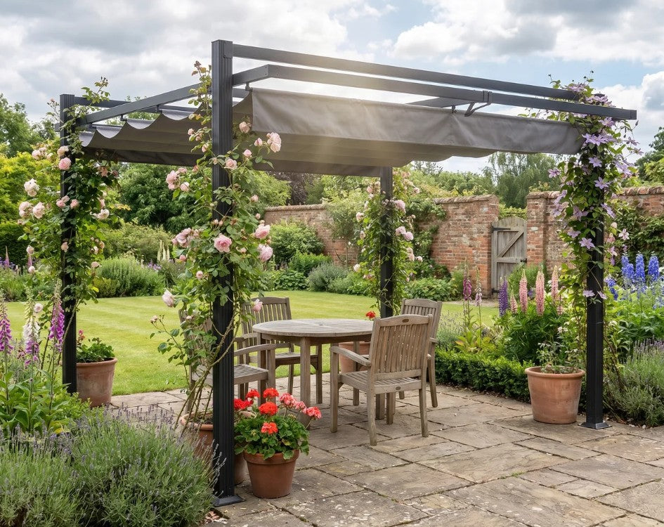 3m x 3m Retractable Roof Aluminium Pergola – Dark Grey Patio Gazebo Shelter with Drainage Grommets, Ground Fixings & Outdoor Shade Canopy