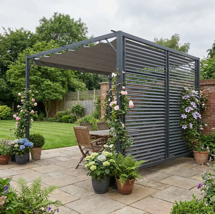 3m x 2.8m Metal Pergola – Grey Fabric Retractable Roof, Outdoor Patio Garden Shade Shelter