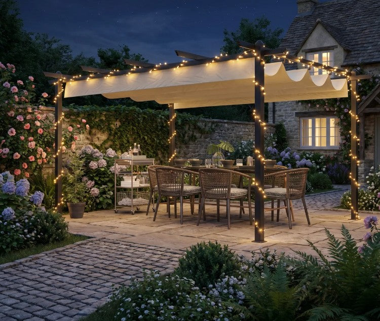 4m x 3m Metal Pergola – Dark Grey Frame with Beige Canopy Roof